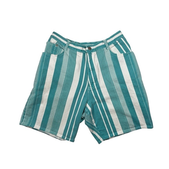 Gitano Other - Vintage Gitano Teal White Striped Cotton Shorts Size 34W High Rise 90s